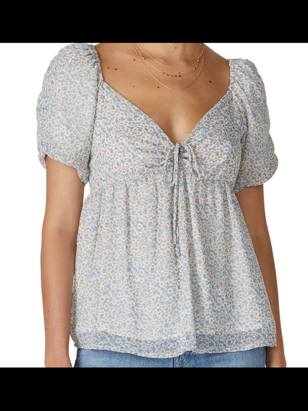 Louna Women's Floral Peplum Blouse Puff Short Sleeve V-Neck Tie Front S